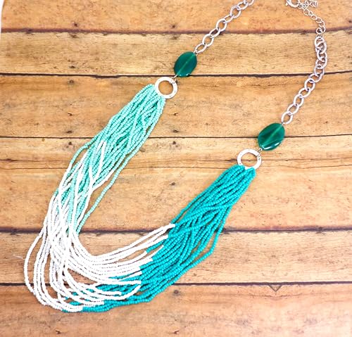 Turquoise Multi Strand Seed Bead Necklace for Women – Boho Chic Statement Necklace with Agate Stones – Layered Summer Jewelry