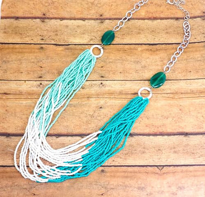 Turquoise Multi Strand Seed Bead Necklace for Women – Boho Chic Statement Necklace with Agate Stones – Layered Summer Jewelry