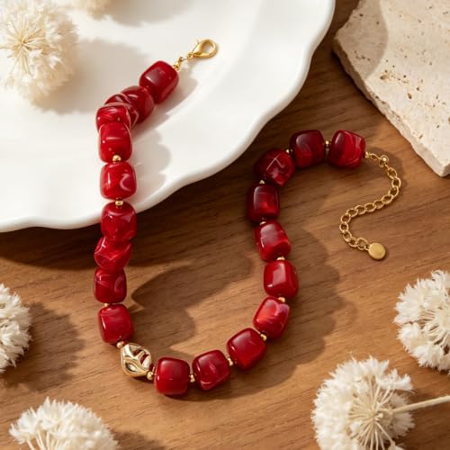 Chunky Beaded Necklace for Women,Square Resin beads boho Choker Necklace with gold-tone spacers,Fashion Trendy Summer Beach Party Necklaces Handmade Surfer Beach Necklaces Jewelry Gifts - color: Red