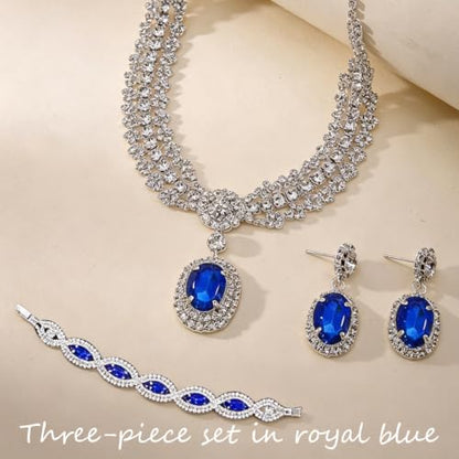 3-Piece Royal Blue Bridal Jewelry Sets Necklace Earrings Bracelet for Women Wedding Prom Accessories