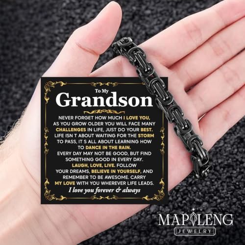 Grandson Gifts from Grandma Grandpa, Black Stainless Steel Bracelet with Meaningful Message Card, Birthday Gift for Grandson, Graduation Christmas Gift, Inspirational Keepsake Jewelry for Men - color: Grandson #5