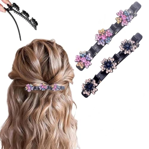2 Pcs Sparkling Crystal Stone Braided Hair Clips, 2026 New Satin Fabric Hair Bands Rhinestone Four-Leaf Clover Hair Clip for Styling, Duck Bill Clips for Women Girls, Color L - color: Color L