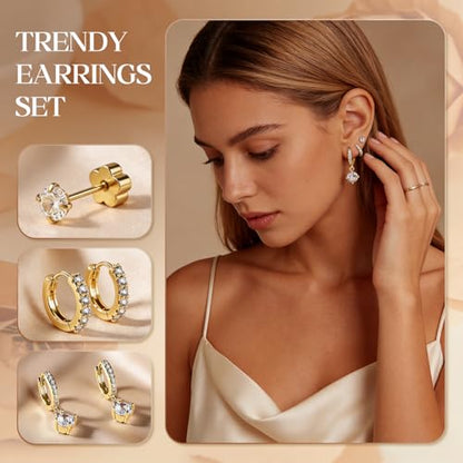 14K Gold Hoop Dangle Stud Earrings Surgical Steel Helix Piercing | Hypoallergenic,Cubic Zirconia,3 Pairs Huggie Hoop Set for Women,Dangle Stud,Cartilage Tragus Conch Earring,Jewelry Gift - color: A6-Gold Round CZ C