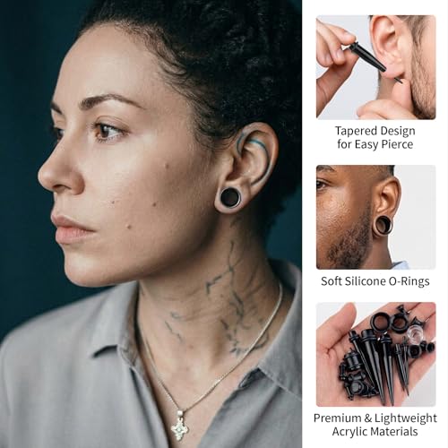 50Pcs Ear Stretching Kit 14G-00G: Acrylic Tapers Plugs Silicone Tunnels Hypoallergenic Gauges Expander Set Body Piercing Jewelry for Men Women - color: Purple