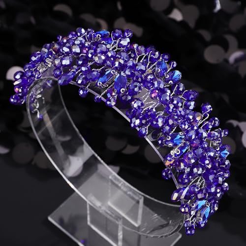 Octwine Vintage Bridal Gold Green Headpiece Handmade Wedding Headband Hair Vine Rhinestoens Headband Bridal Wedding Hair Accessories (Blue, Width1.9inches) - color: Blue