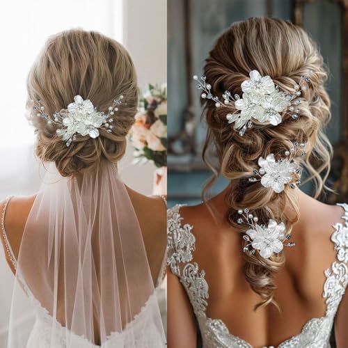 3 PCS Large Flower Bridal Wedding Hair Pins Crystal Pearl Hair Clips Headpiece Bride Hair Accessories Jewelry with Rhinestone, Glitter Emboss White Flower - color: Glitter Emboss White Flower