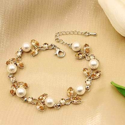 Luxury Cubic Zirconia Aurtrian Crystal Pearl Floral Necklace Dangle Earrings Wedding Bridal Jewelry Set Birthday Gifts for Her - color: Style02-Brown-Silver Plated