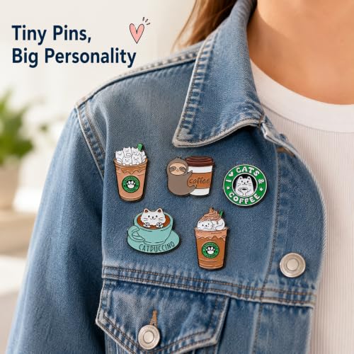 5Pcs Cute Coffee Cat Sloth Enamel Pin Set Cartoon Animal Coffee Cup Brooch Badges, Funny Lapel Pins for Backpacks, Jackets, Bags, Coffee Lover Gift - color: JH-068