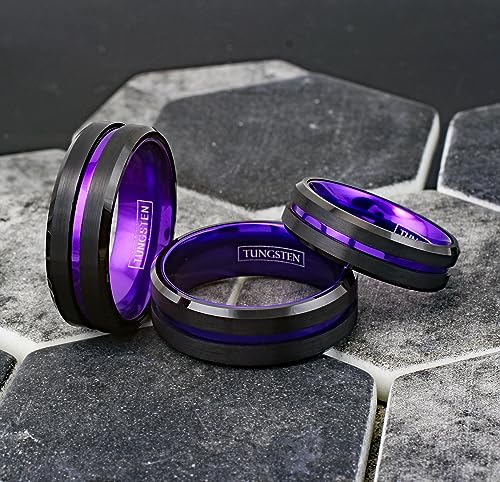 Magnificent 6mm/8mm Piano Black Tungsten Carbide Band Ring w/Brilliant Purple Stripe & Matching Purple Anodized Aluminum Comfort Fit Inner Band.