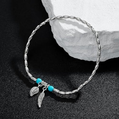 2 Pcs Natural Stone Beaded Anklets For Women Starfish Turquoise Beaded Layered Anklet Set Boho Feather Stretch Ankle Bracelets Adjustable Summer Beach Jewelry Gifts - color: Boho-Feather