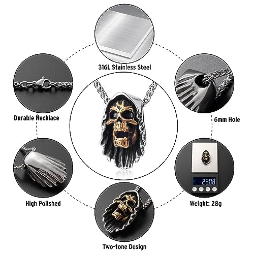 Skull Necklace for Men Stainless Steel Gothic Punk Emo Biker Necklace Jewelry for Men 60cm - style: Two-tone Death Skull