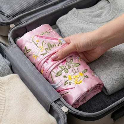 Travel Jewelry Bag Roll Embroidered Flower Bird Brocade Pink Organizer Pouch Case for Traveling Necklace Holder Rolls Tie Close Storage Accessories