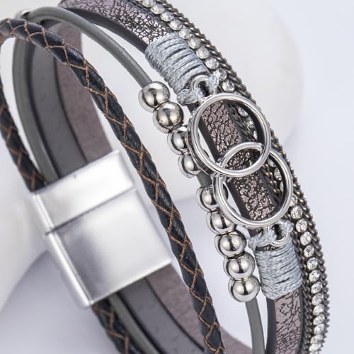 Chunky Boho Leather Wrap Bracelets Cowgirl Beaded Circle Western Jewelry | Stackable Infinity Layered Bohemian Magnetic Clasp Cuff Statement Fashion Colorful Country Hippie Outfits for Women Trendy - color: Grey