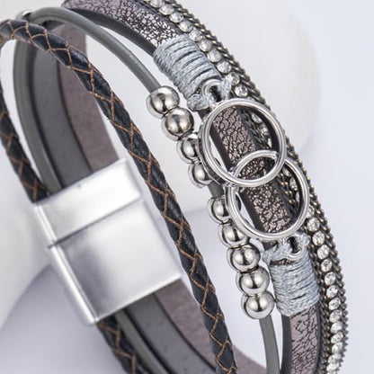 Chunky Boho Leather Wrap Bracelets Cowgirl Beaded Circle Western Jewelry | Stackable Infinity Layered Bohemian Magnetic Clasp Cuff Statement Fashion Colorful Country Hippie Outfits for Women Trendy - color: Grey