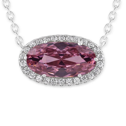 Belacqua Gemstone Necklace in Sterling Silver,Halo Pendant with Accent, Oval Cut 6 * 12mm, 15" Cable Chain with 2" Extender, Spring Ring Clasp, Dainty Birthstone Necklace for Women, Gift Box Included - color: 10-October-Tourmaline Pink