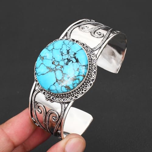 Silver Plated Statement Cuff Bangle Bracelet for Women – Handcrafted Wide Boho Bracelet with Natural Stone Inlay (Abalone Shell, Blue Turquoise, Malachite) Ideal Gift For Birthday Anniversaries Adjustable Fashion Jewelry - color: Round Shape Turquoise