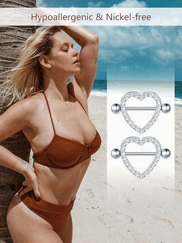Oveta Heart Nipple Rings Surgical Steel 14G, Cute Internally Threaded Nipple Piercing Jewelry Barbells 14mm for Women, Silver/Gold, 2PCS - color: Clear CZ, Silver
