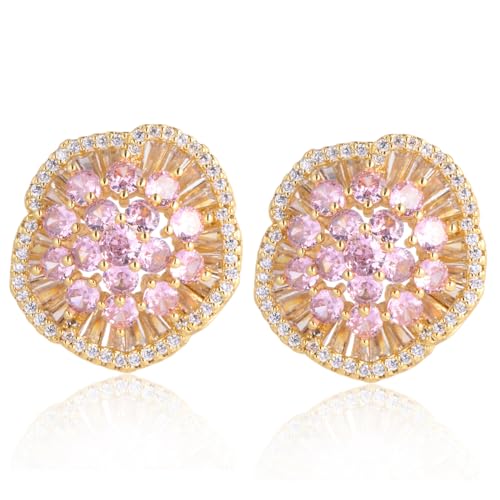 Crystal Flower Burst Stud Earirings - Big Sterling Silver CZ Cubic Zirconia Rhinestone Daisy Sunflower Floral Cluster Studs Bridal Wedding Party Prom Costume Jewelry for Bride Bridesmaids Women Birthstone Birthday Gift - color: Baby Pink