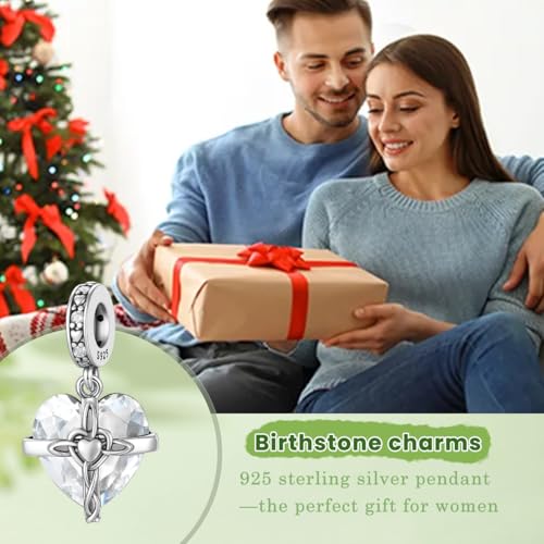 Birthstone Charm, 925 Sterling Silve Heart Dangle Charms for Pandora Bracelets, Ladies Birthday Gift - style: D-April
