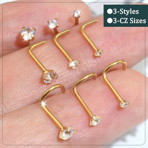 AMASIS Nose Rings and Nose Studs Set, Stainless Steel Hinged Nose Hoops and CZ Studs, Select Sizes and Styles for Nostril Septum Cartilage Piercing Jewelry - color: Gold, size: 3-Piece Studs,20Gauge,1.5/2/3mm