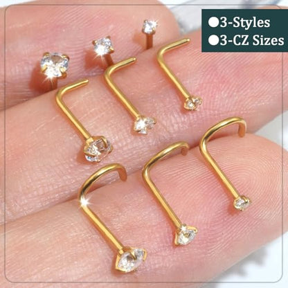 AMASIS Nose Rings and Nose Studs Set, Stainless Steel Hinged Nose Hoops and CZ Studs, Select Sizes and Styles for Nostril Septum Cartilage Piercing Jewelry - color: Gold, size: 3-Piece Studs,20Gauge,1.5/2/3mm