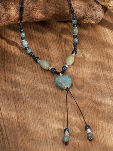 MINACHI Boho Hippie Colorful Ceramic Heart Bead Strand Necklace, Bohemian Summer Statement Jewelry Gift for Women - color: S03
