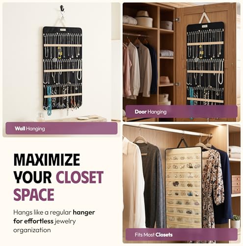 Hanging Jewelry Organizer 34.7 x 17.2 inches XL Size with Clear Pockets & Hooks – Double-Sided Necklace, Earrings & Rings Storage Holder – Space-Saving Closet Organizer for Women