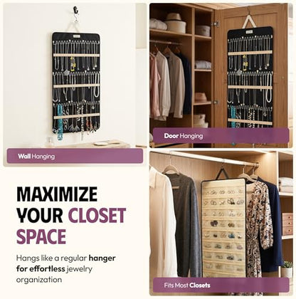 Hanging Jewelry Organizer 34.7 x 17.2 inches XL Size with Clear Pockets & Hooks – Double-Sided Necklace, Earrings & Rings Storage Holder – Space-Saving Closet Organizer for Women