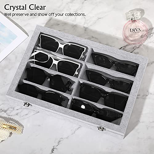 Emibele Glasses Organizer Jewelry Tray, 8 Grids with Clear Lid Velvet Tray Watch Storage Stackable Jewelry Showcase Display Storage with Detachable Inner Dividers - Grey | Dustproof Clear Lid Velvet Tray Watch Storage Jewelry Showcase Display Storage with