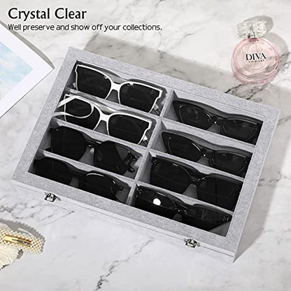 Emibele Glasses Organizer Jewelry Tray, 8 Grids with Clear Lid Velvet Tray Watch Storage Stackable Jewelry Showcase Display Storage with Detachable Inner Dividers - Grey | Dustproof Clear Lid Velvet Tray Watch Storage Jewelry Showcase Display Storage with