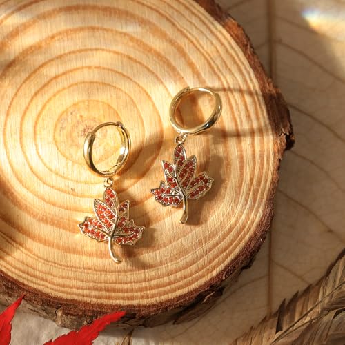 Sonateomber Christmas Tree Dangle Small Gold Hoop Earrings for Women, Cute Sparkly CZ Rhinestone Maple Clover Leaf Drop Earings Thanksgiving Holiday Accessories Fashion Jewelry Gift - color: Fall Orange