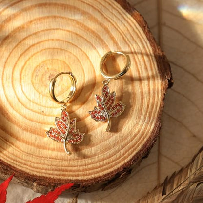 Sonateomber Christmas Tree Dangle Small Gold Hoop Earrings for Women, Cute Sparkly CZ Rhinestone Maple Clover Leaf Drop Earings Thanksgiving Holiday Accessories Fashion Jewelry Gift - color: Fall Orange
