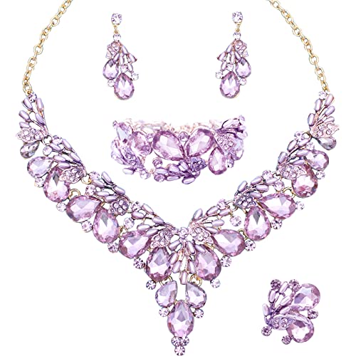Jewelry Set for Women, Statement Necklace Dangle Earrings Bracelet Ring, White/KC Gold Plated Jewelry Set with Rhinestone Pearl Crystal Wedding Party Jewelry for Bridal Bridesmaid - color: Purple-Gold Plated
