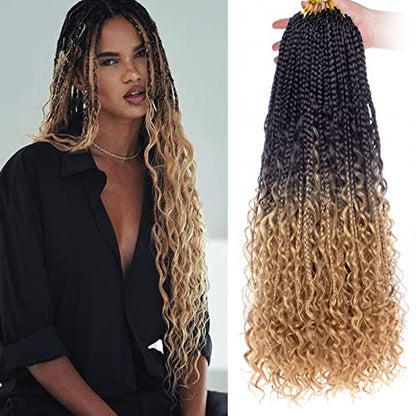 Unionbeauty 24 Inch 8 Packs Boho Box Braids Crochet Hair Curly Ends Goddess Box Braids Crochet Hair for Black Woman Bohemian Hippie Braids Pre-looped Ombre Synthetic Braiding Hair Extension 1B/27# - color: 1B/27#, size: 24 Inch (Pack of 8)
