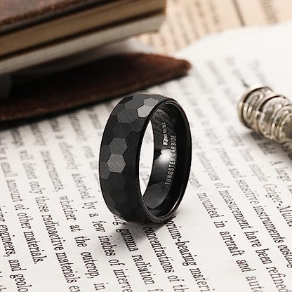 King Will Men's Tungsten Carbide Wedding Ring Hammered Groove Wedding Band Mens Two Tone Engagement Ring for Men and Women Matte Brushed Finish Comfort Fit - color: 8mm Blcck Hexagon