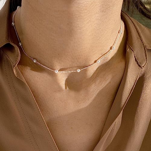 DIBOLA Dainty Pearl Necklaces for Women 14K Gold/Silver Plated Cute Single Pearl Necklace Elegant Small Tiny Pearl Choker Thin Chain Necklace Simple White Pearl Drop Y Long Necklace Freshwater Pearled Pendant Necklace Pearls Jewelry Gift - color: Satellit