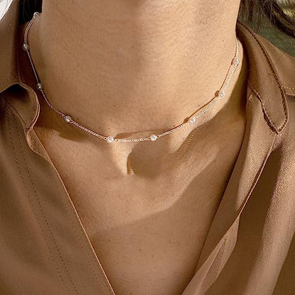 DIBOLA Dainty Pearl Necklaces for Women 14K Gold/Silver Plated Cute Single Pearl Necklace Elegant Small Tiny Pearl Choker Thin Chain Necklace Simple White Pearl Drop Y Long Necklace Freshwater Pearled Pendant Necklace Pearls Jewelry Gift - color: Satellit