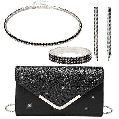 YYW 4 Pieces Women Evening Handbags Clutch Purse Bag with Rhinestone Crystal Jewelry Set for Wedding Party - color: Black-925822