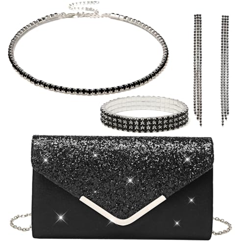 YYW 4 Pieces Women Evening Handbags Clutch Purse Bag with Rhinestone Crystal Jewelry Set for Wedding Party - color: Black-925822