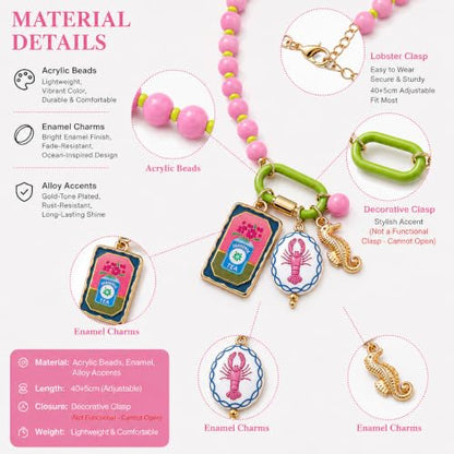 LIU JUN Colorful Beaded Necklace for Women, Chunky Boho Fish Starfish Conch Pendant Acrylic Bead Necklaces Cute Y2K Summer Beach Jewelry Gifts - color: Seahorse-1