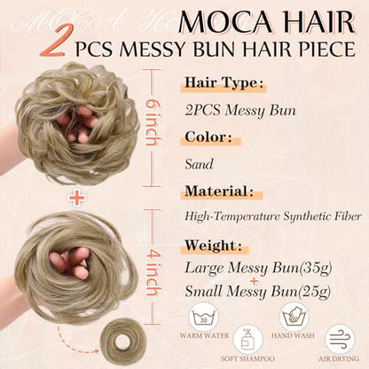 2PCS Messy Bun Hair Pieces Synthetic Hairpieces For Women Sand | Messy Bun and Donut Bun in one set for natural-looking volume and elegant updos for every occasion. - color: Sand