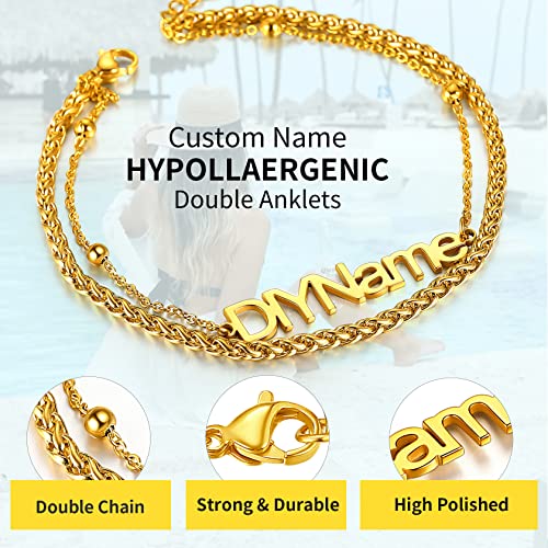 ChainsHouse Double Layer Anklet Bracelet for Women,Adjustable Chain Anklets Stackable Dainty Anklets,Stainless Steel/Gold Plated/Black Ankle Jewelry Gifts - color: B-Gold Plated-Wheat Chain