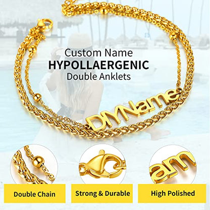 ChainsHouse Double Layer Anklet Bracelet for Women,Adjustable Chain Anklets Stackable Dainty Anklets,Stainless Steel/Gold Plated/Black Ankle Jewelry Gifts - color: B-Gold Plated-Wheat Chain