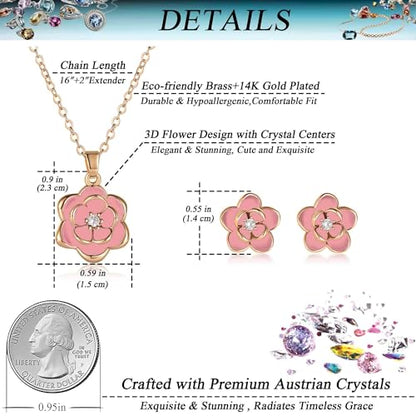 EVEVIC Dainty Flower Pendant Necklace Earrings for Women 14K Gold Plated Hypoallergenic Jewelry Sets - color: Pink /Rose Gold-tone