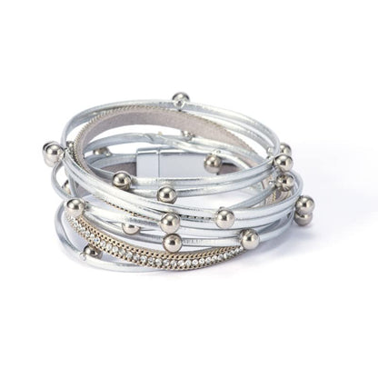 ZMANYIJEW Leather Wrap Bracelets for Women,Boho Cuff Bracelets Multi-Layer Crystal Beads Cuff Bracelet Multilayered Leopard Leather Braided Bangle Wrist Cuff Bangles - style: bead-silver