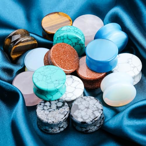 16-Piece Natural Stone Ear Gauges, Double-Flare Plugs, 6-20mm | Hypoallergenic mixed natural stone plugs with a smooth polished surface and secure saddle double-flare fit for daily wear - size: 20 mm