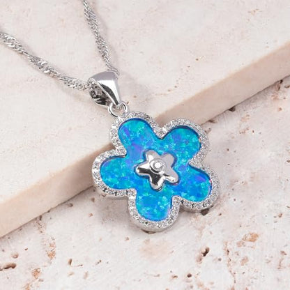 CiNily Opal Leaf/Flower Pendant Necklace for Women Silver Plated Jewelry Gift - color: Silver-Blue
