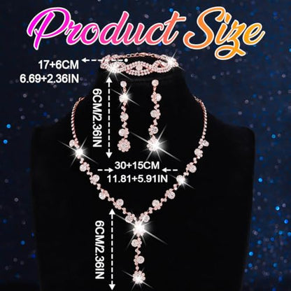 Silver Wedding Jewelry Sets Rhinestone Necklace Earrings Bracelet Set Prom Formal Costume Jewelry for Women and Brides - color: Rose Gold