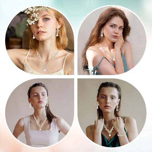 Rhinestone Wedding Jewelry Sets for Bridal Women Crystal Necklace Bracelet Earrings Set Prom Jewelry Set for Brides - color: Gold