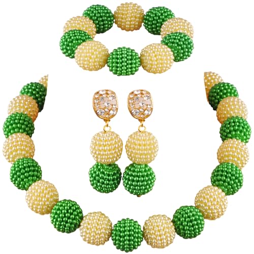 Nigerian Wedding African Beads Jewelry Set Women Simulated Pearl Necklace and Earrings - color: Green-Champagne Gold